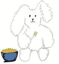 a bunny with a bowl of macaroni